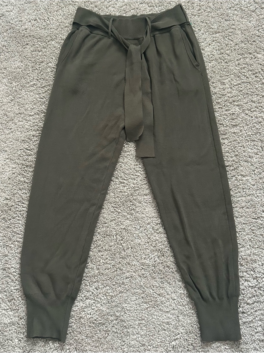 ZARA Women’s Green Knit Jogger Pants Elastic Waist Tie Closure Tapered